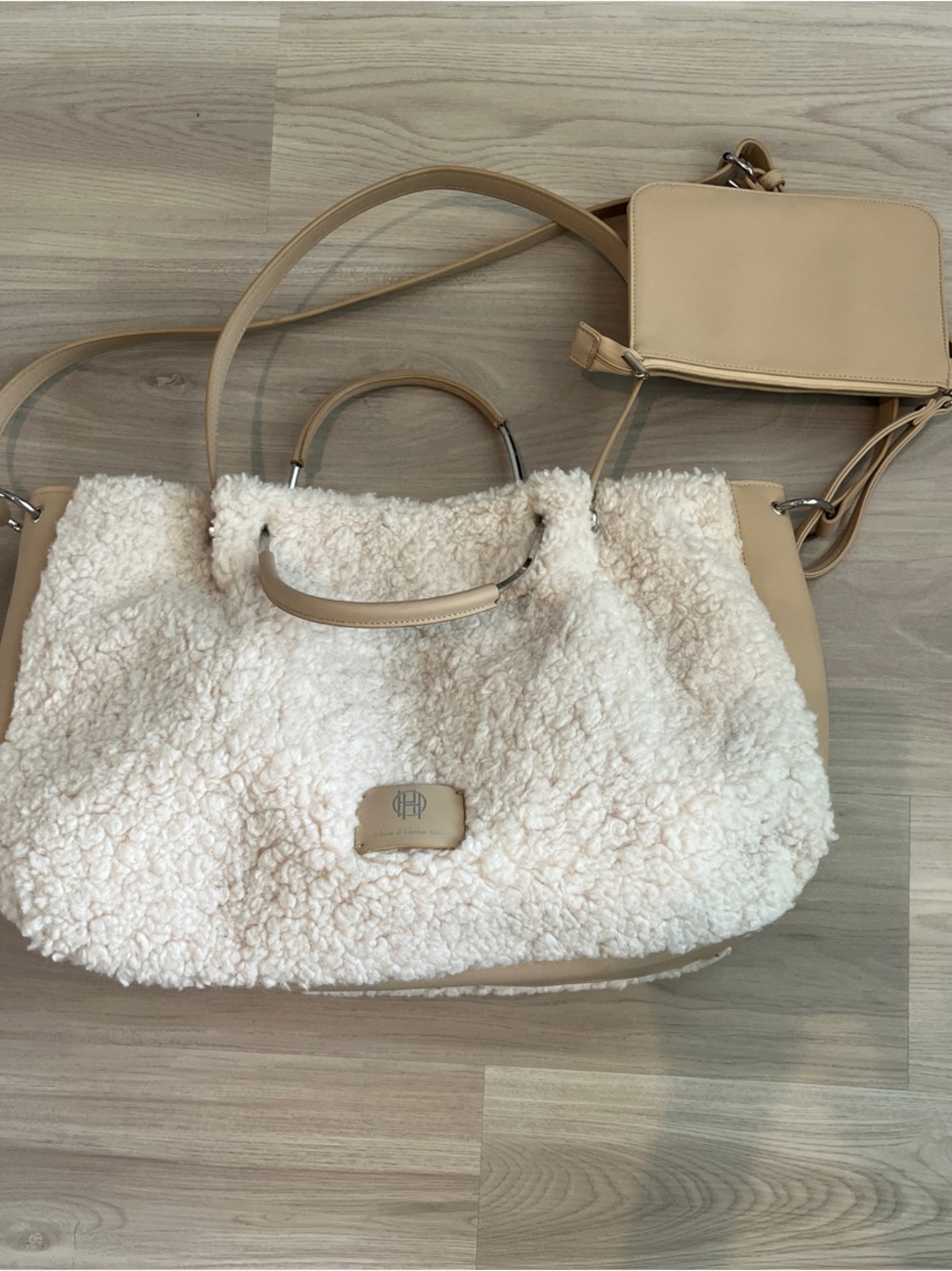 House of Harlow 1960 Cream Sherpa Tote with Tan Trim and Detachable Pouch